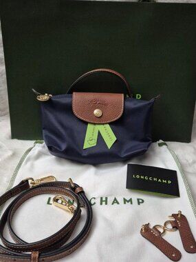 NWT Longchamp Original Mini Tote Handbag Navy Canvas Crossbody Makeup Pouch XS